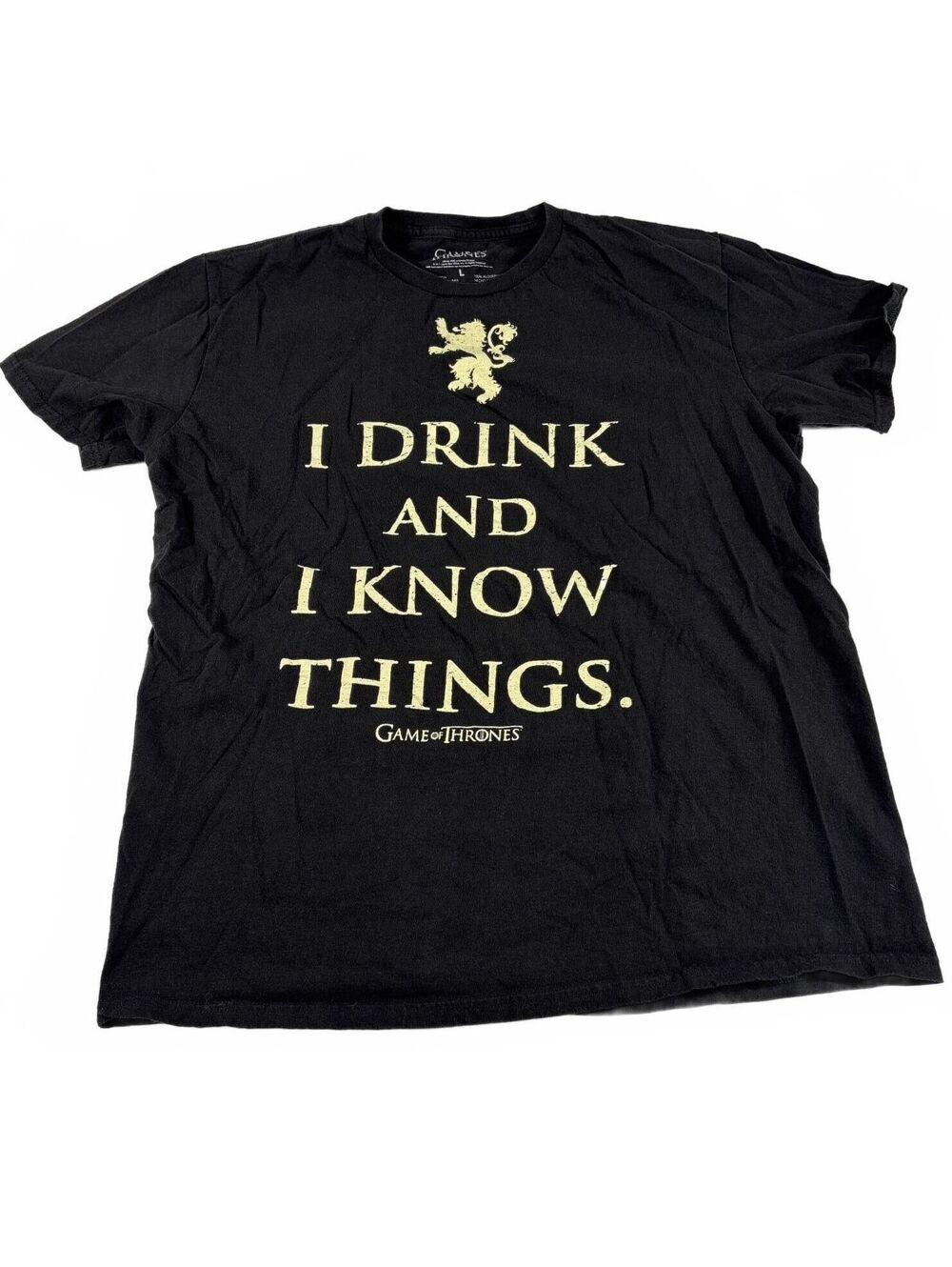 Game of Thrones "I DRINK AND I KNOW THINGS" Lannister Lion Crest L